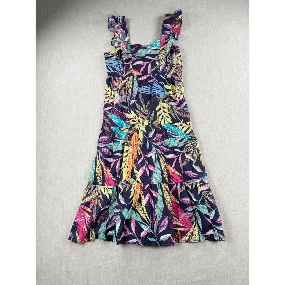 Brunchlounge Collection Tropical‎ Leaf Tiered Midi Dress Ruffle Tie Back Navy S